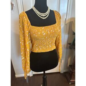 B.O.G Collective Mustard Floral Smocked Crop Top Boho  Cottage Size M EUC